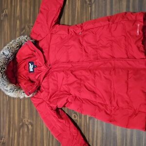 Lands' End Vibrant Red Parka with Faux Fur Hood